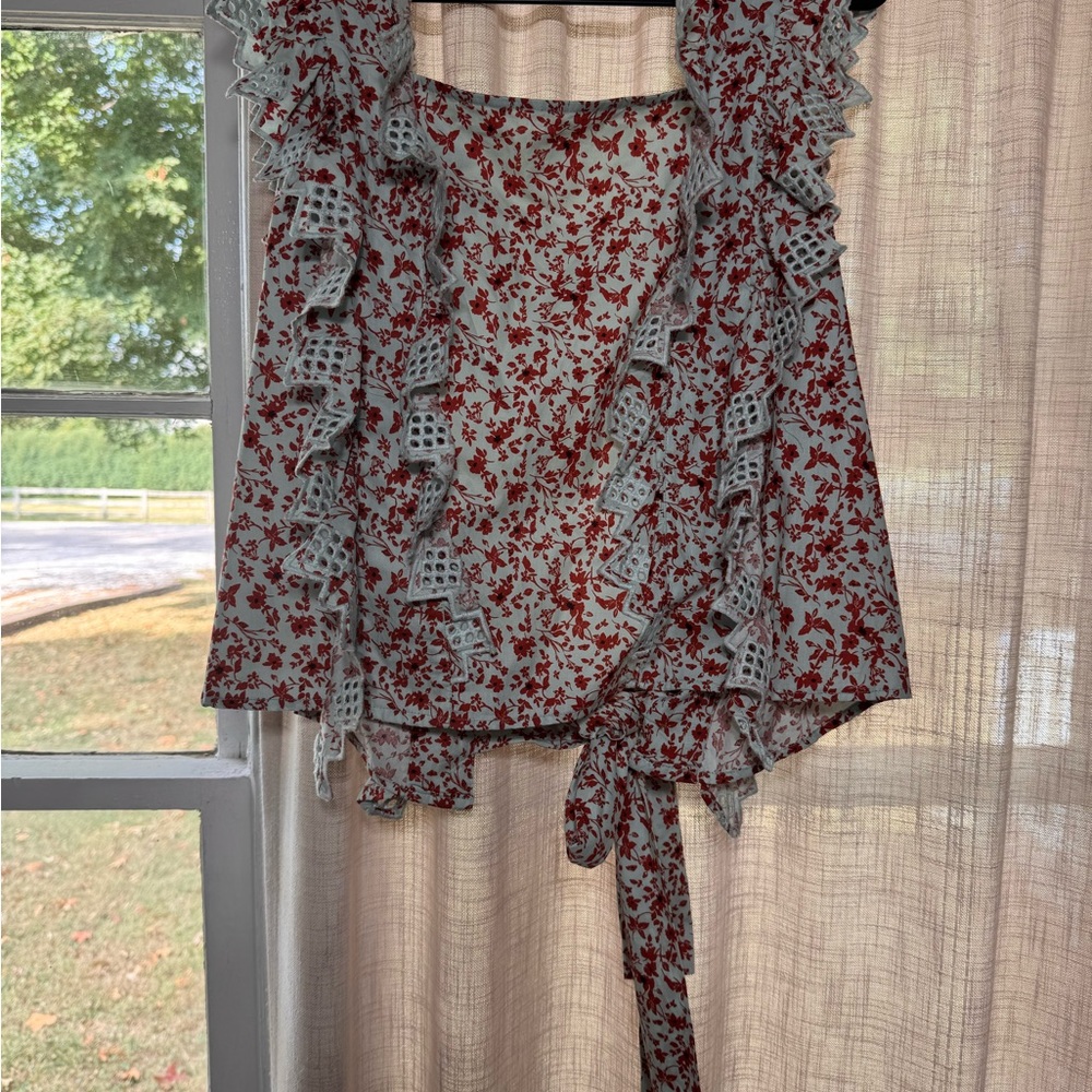 Anthropologie Red and White Floral Ruffle Blouse